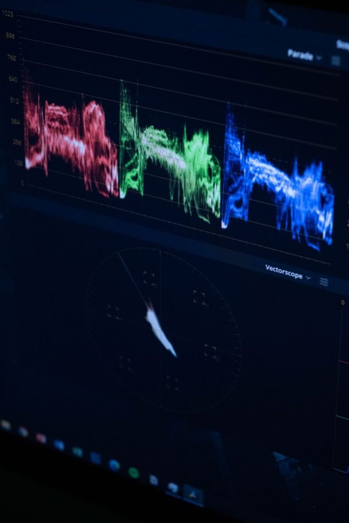 A close-up of a monitor showing color waveform and vectorscope visualization for video editing.