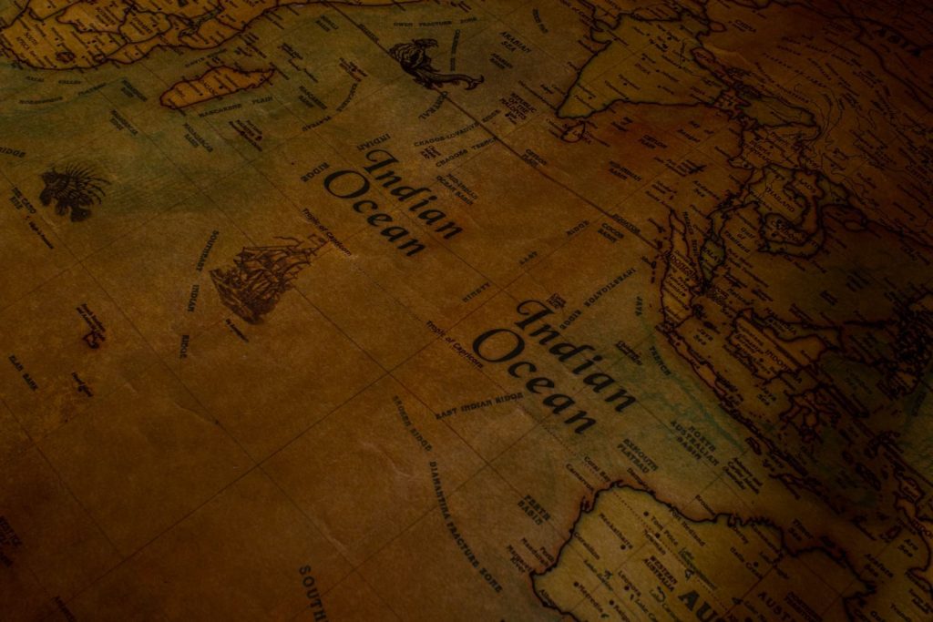Close-up of a vintage map showing the Indian Ocean with detailed geographic features.