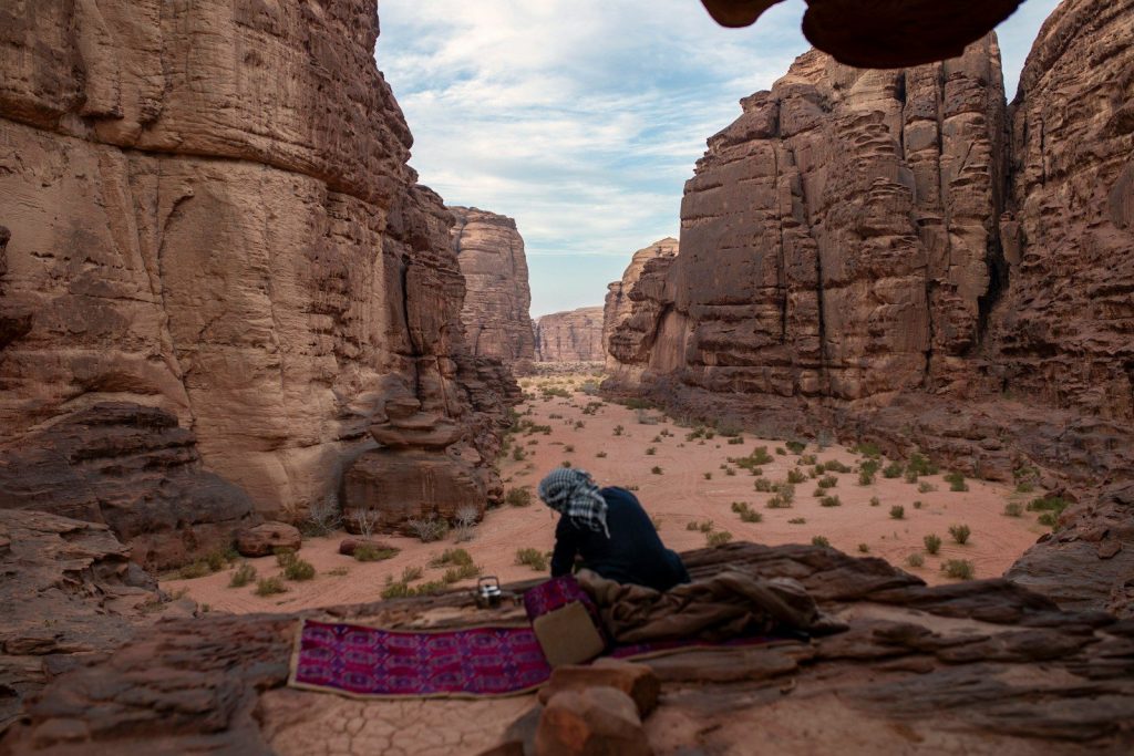 Person on a rocky ledge overlooking a vast desert canyon.