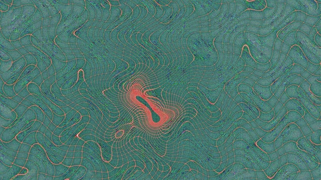 Abstract green background with a central distorted red shape.