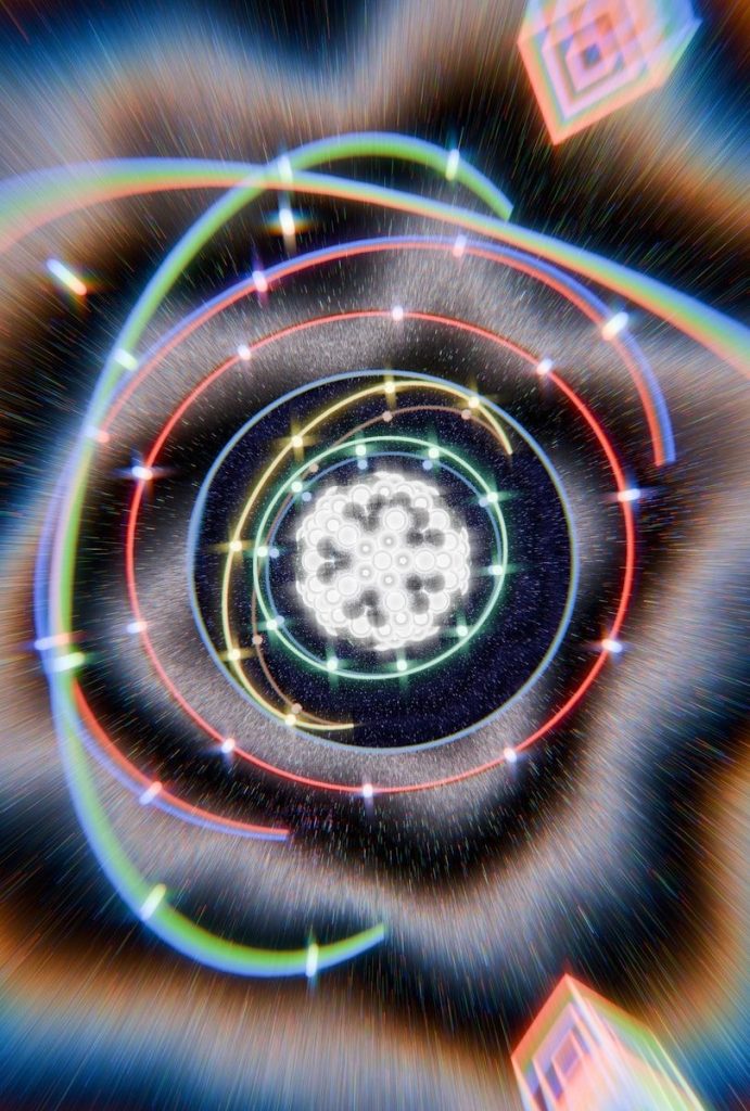 Swirling colorful light rings around a glowing central pattern.