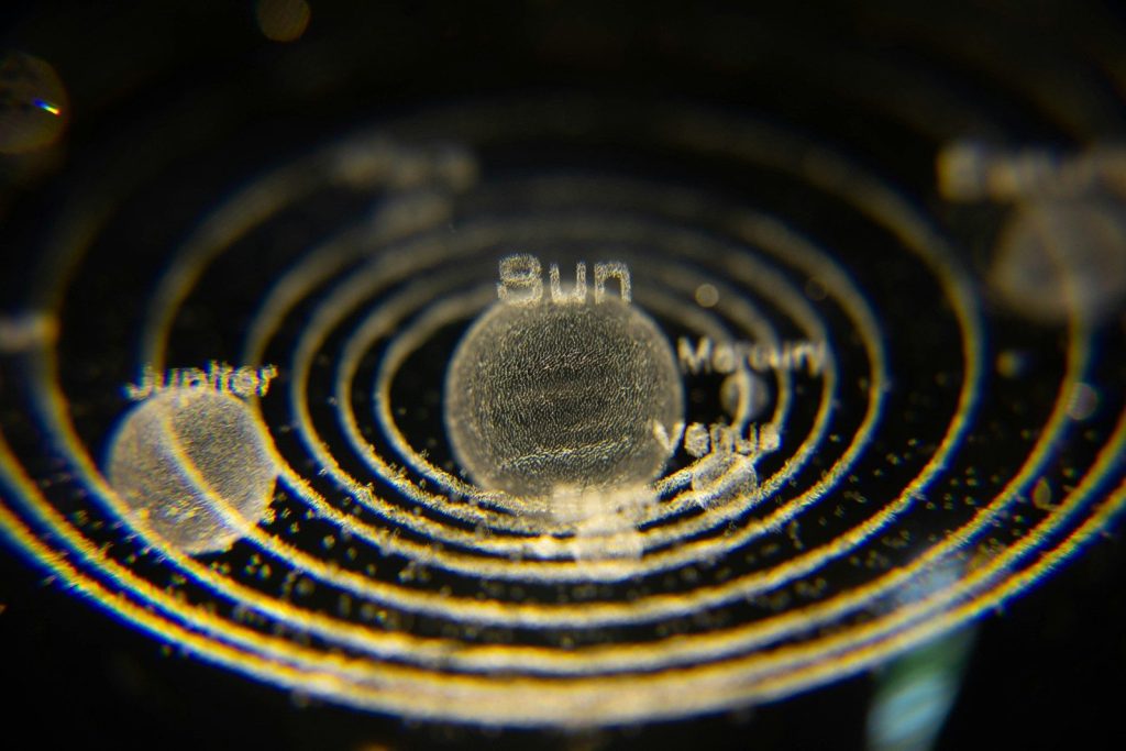 A miniature solar system with labeled planets.