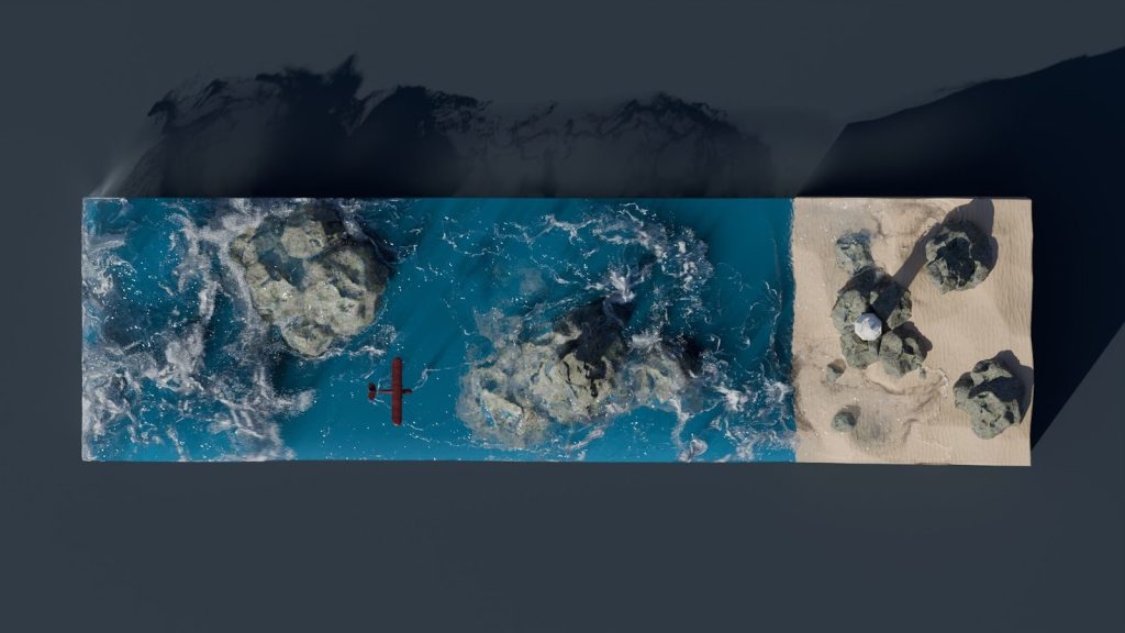An aerial view of the ocean and land