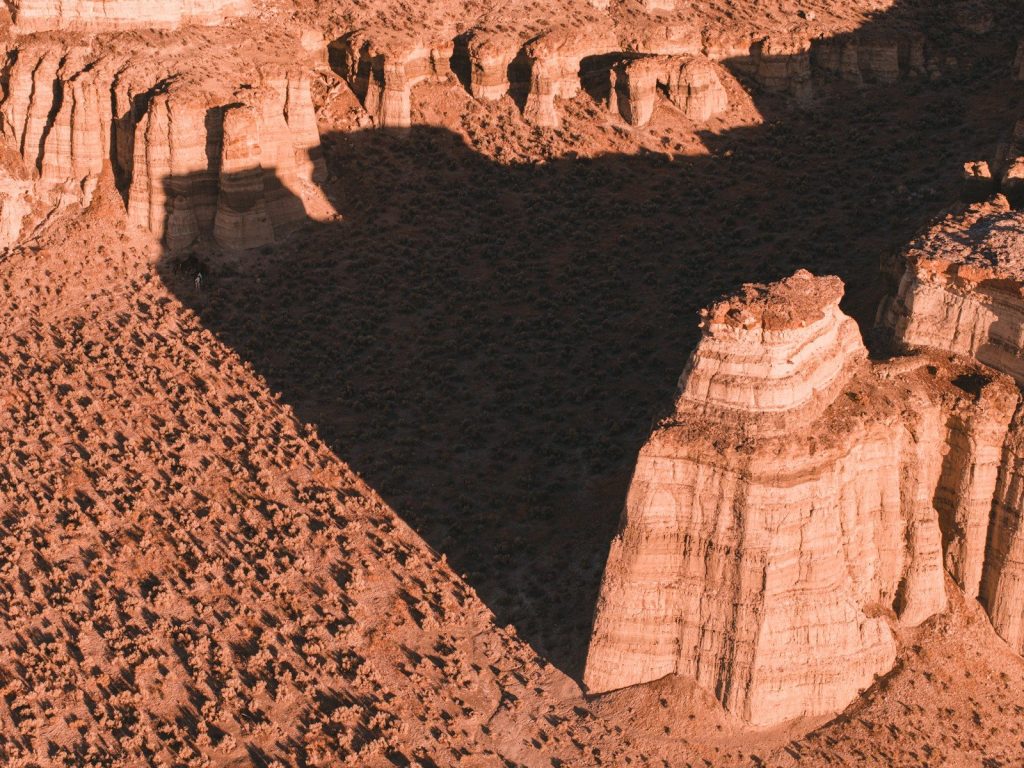 An aerial view of a canyon in the desert