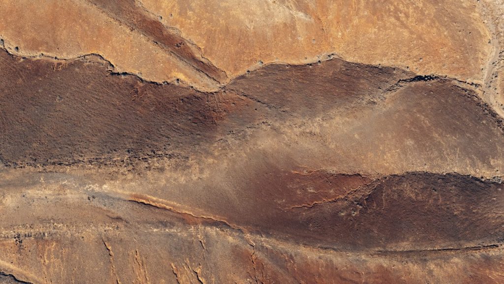 A bird flying over a desert landscape with mountains in the background