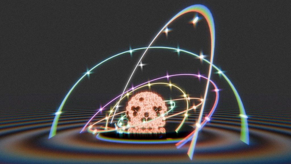 Abstract skull surrounded by glowing, colorful orbits and sparkles.