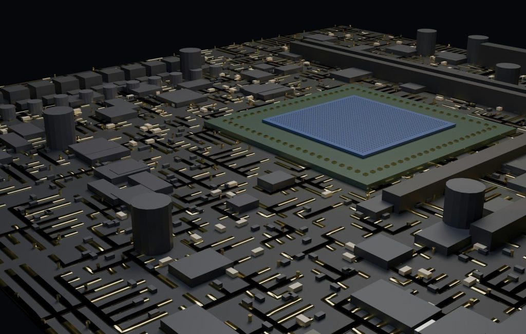 A detailed electronic circuit board featuring a prominent blue microchip.