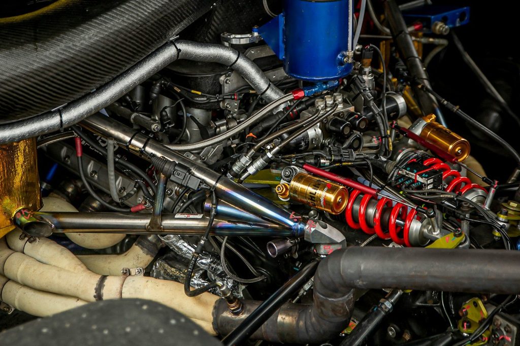 a close up view of the engine of a racing car