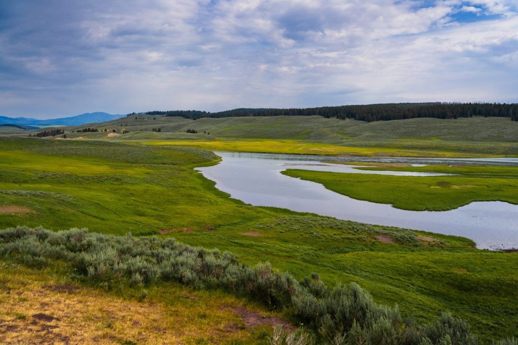 A winding river flows through a lush green valley.