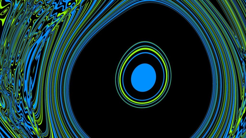 Abstract swirling blue and green patterns on black background