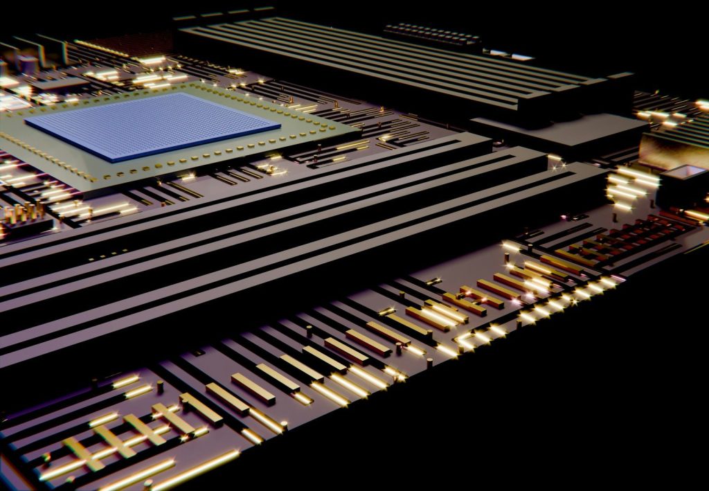 Electronic circuit board with a central blue microchip.