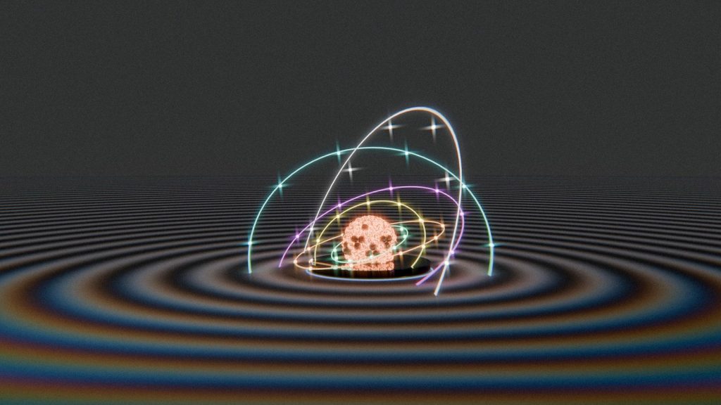 Stylized skull surrounded by glowing rings and rainbow ripples.