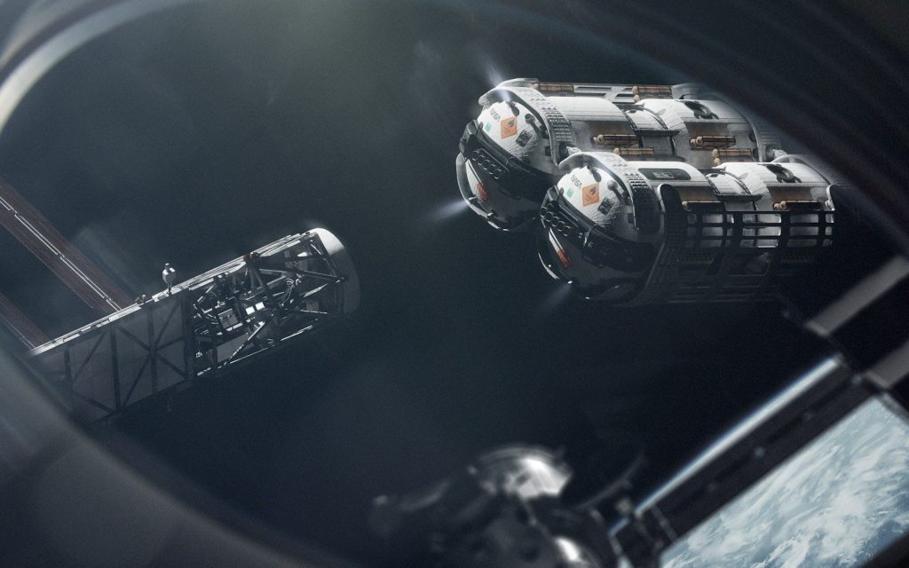 Two spacecraft approach a space station in orbit.