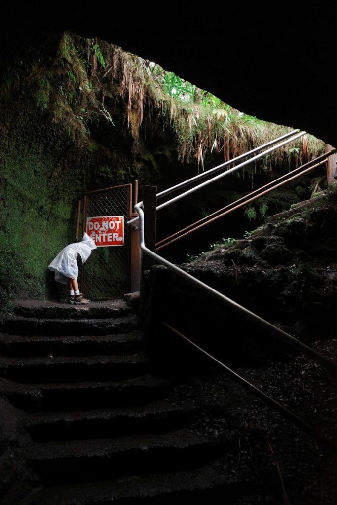 Child peeks through a gate at cave entrance