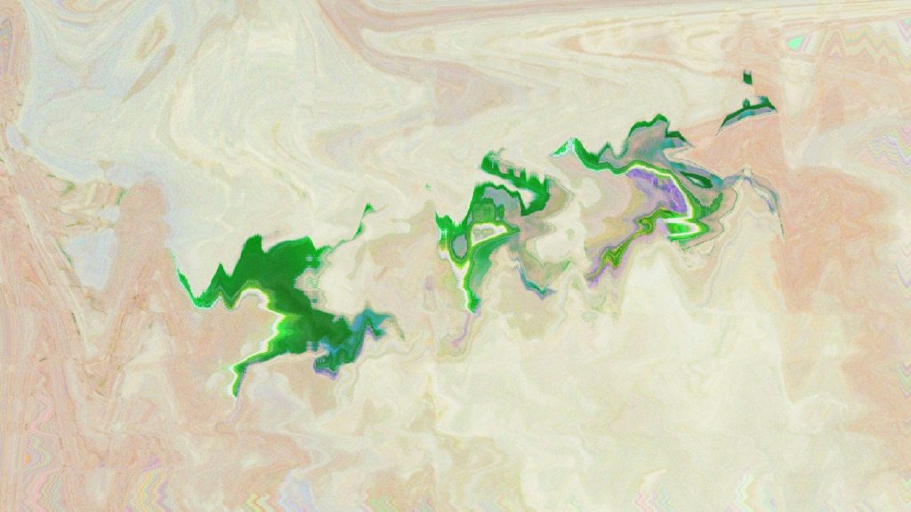 Abstract marbling pattern with green, purple, and beige hues.