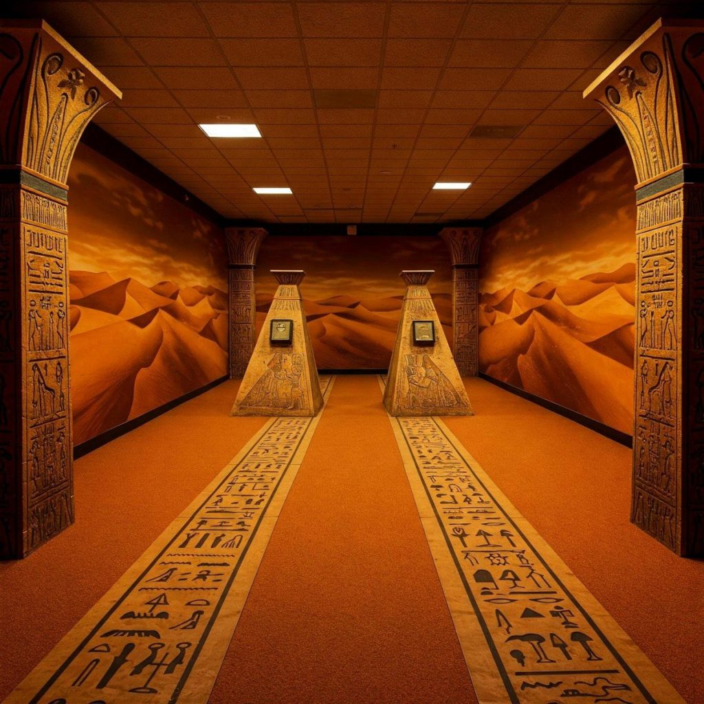 An egyptian-themed bowling alley creates a unique ambiance.