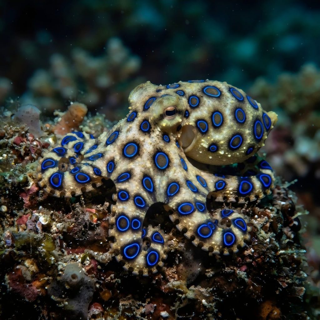 octopus, blue rings, marine, aquatic, underwater, creature, ocean, sea, nature, venomous, wildlife, reef, tentacle, cephalopod, biology, toxic, dangerous, pattern, camouflage
