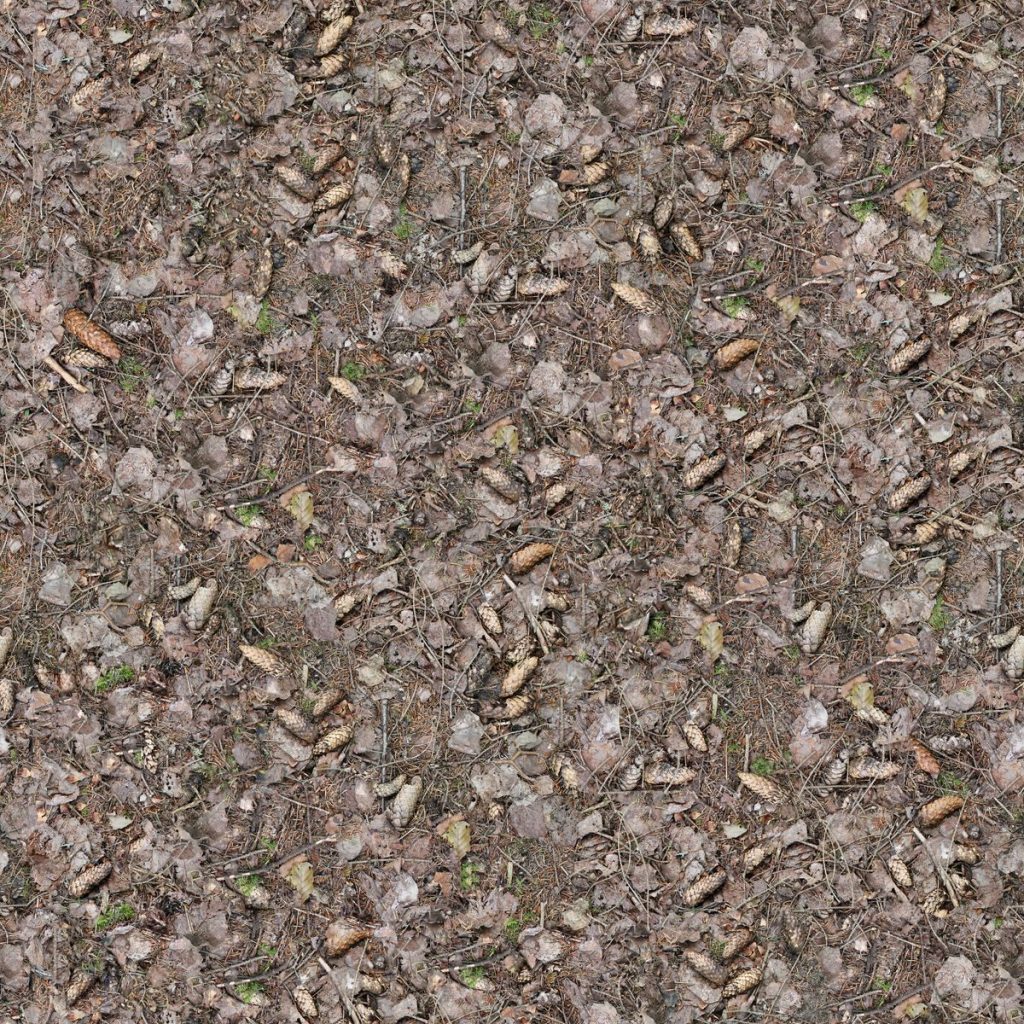 Detailed close-up of pine cones, twigs, leaves creating a natural texture.