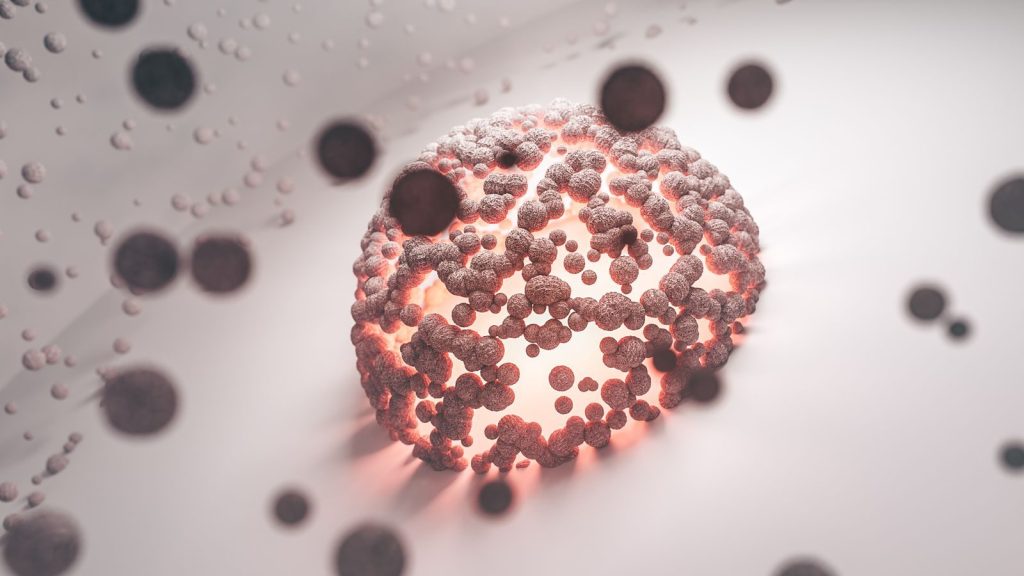 Intricate abstract representation of a cellular structure with a glowing core on a white background.