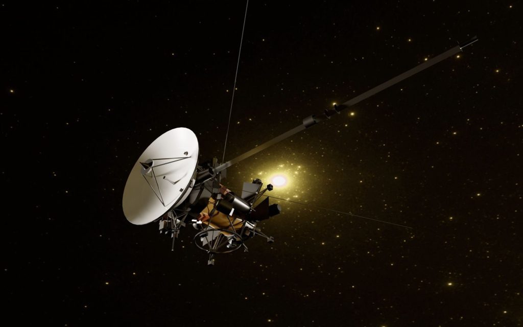 Illustration of a spacecraft navigating through the vast universe against a starry backdrop.