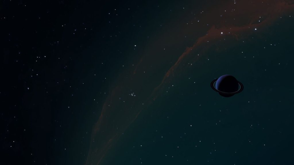A breathtaking celestial scene featuring a distant ringed planet set against a night sky filled with stars.