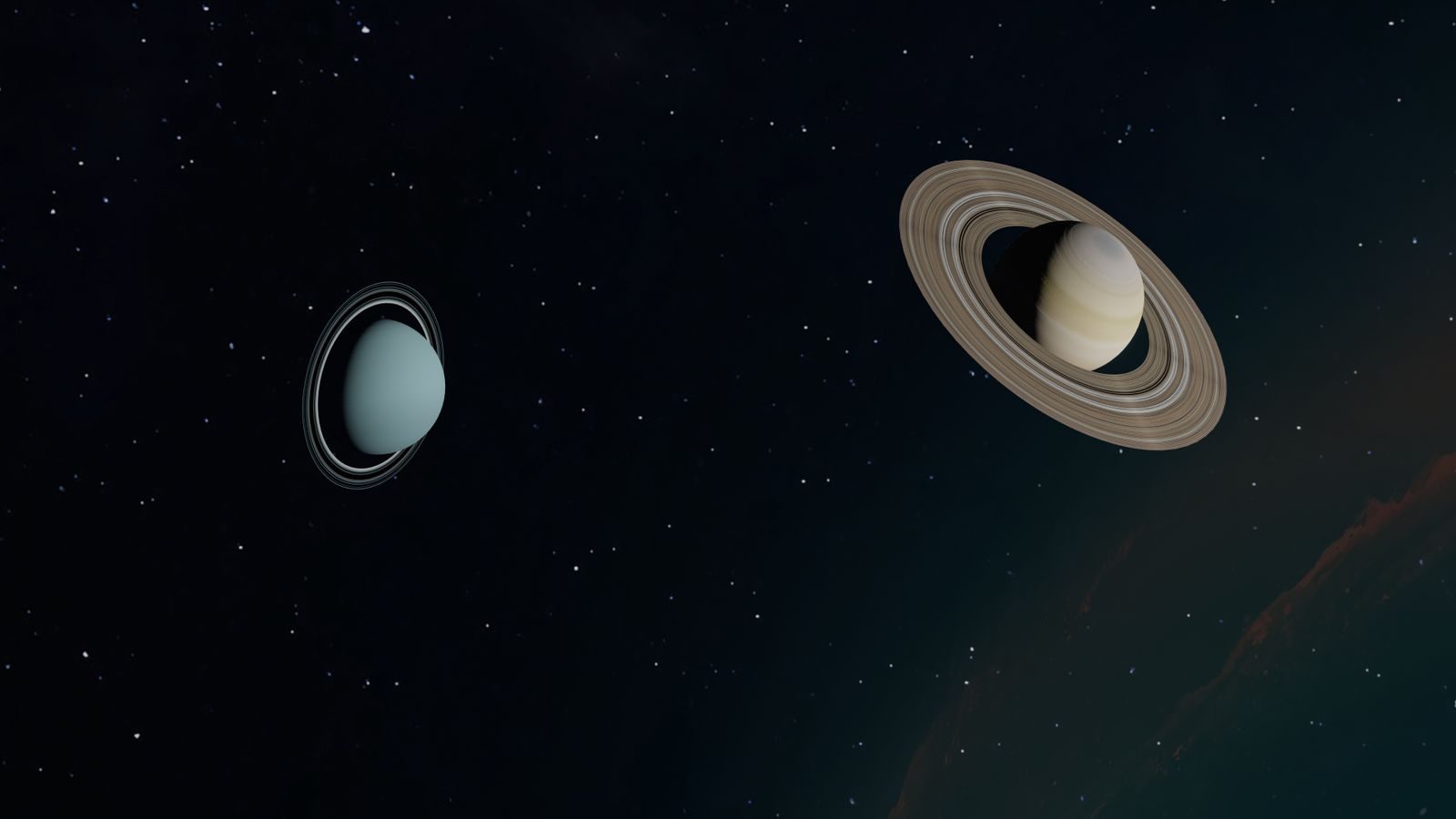 Image of Saturn and Uranus with their rings against a starry backdrop in space.