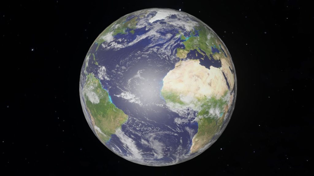 A vivid depiction of Earth seen from space, illustrating planetary beauty and geographical detail.