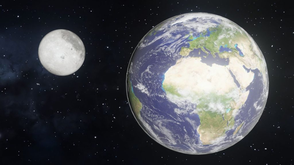 A detailed view of Earth's surface alongside the moon in a starry cosmic background.