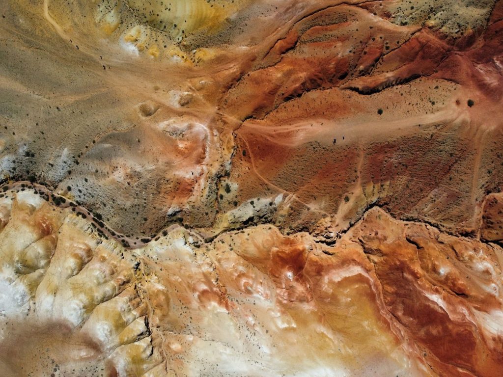 A breathtaking top-view aerial shot highlighting the vibrant colors of a vast desert terrain.