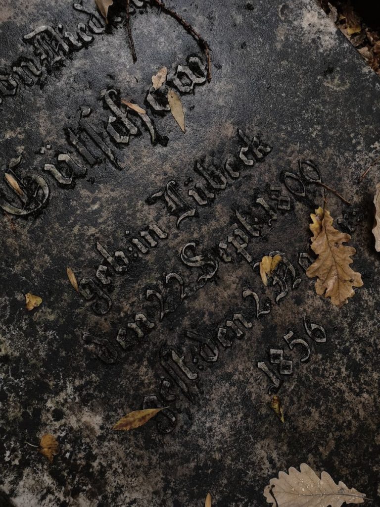 A weathered gravestone surrounded by fallen autumn leaves creates a somber, historic ambiance.