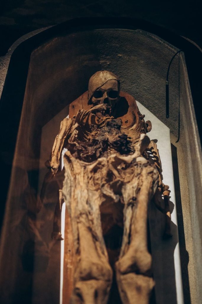 Detailed view of an ancient skeleton in a coffin at Istanbul Archaeology Museums.