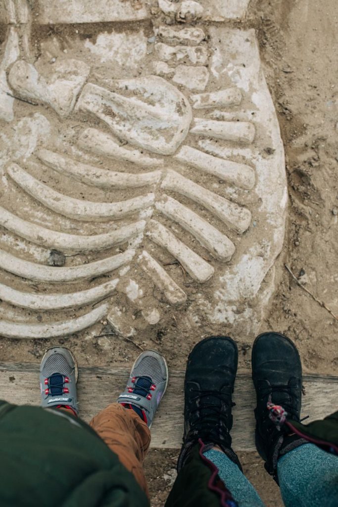 Feet standing near a large dinosaur fossil structure embedded in the ground, showcasing a historical excavation scene.