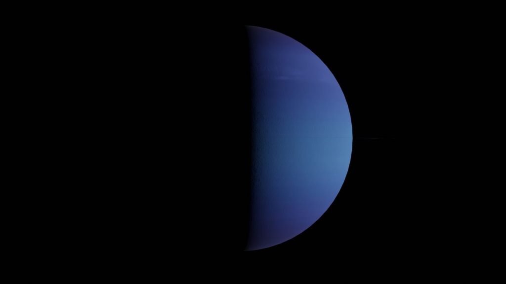 Half-lit Neptune against a black sky backdrop, showcasing its bluish hue.