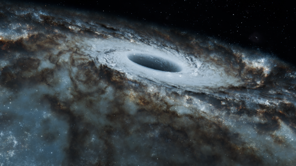A captivating view of a black hole surrounded by swirling stars in a spiral galaxy.