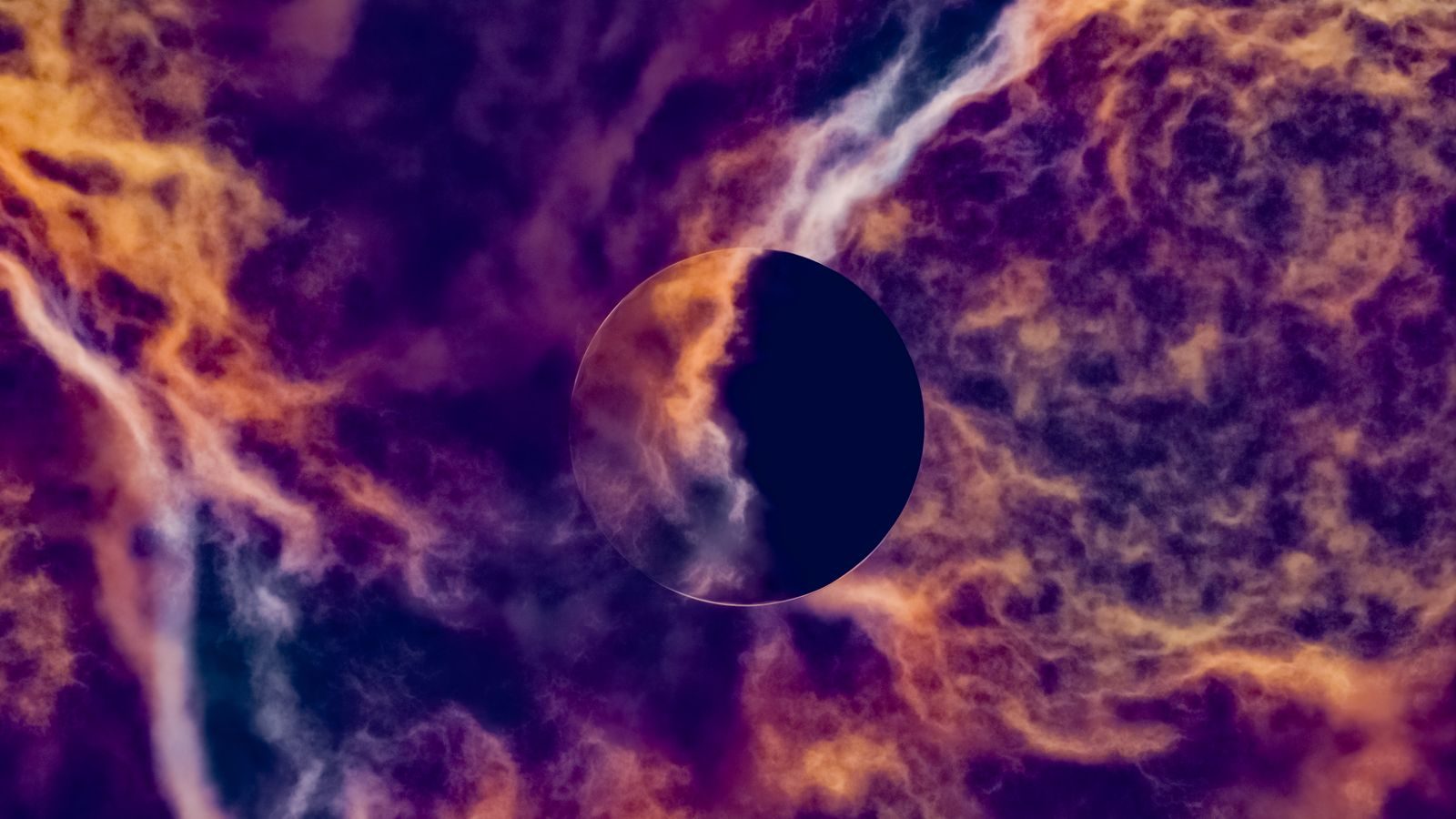 Vibrant abstract art featuring a nebula-like texture with a central dark circle, creating a mysterious cosmic effect.