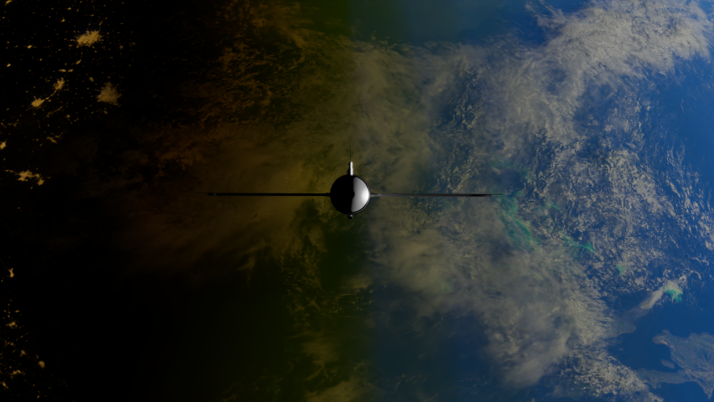 A satellite orbiting Earth showcasing contrasts between ocean and land from space.