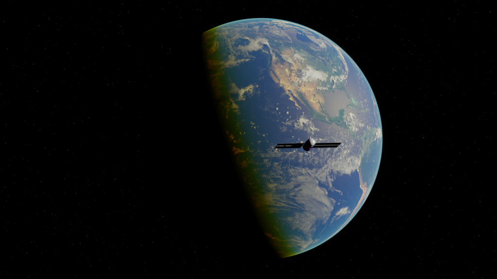 A stunning digital rendering of Earth from space, featuring a satellite and the vast universe.