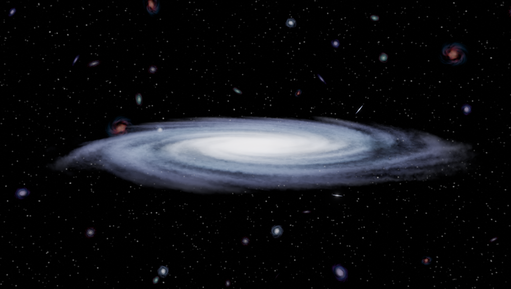 Illustration of a spiral galaxy surrounded by stars and galaxies in deep space, showcasing cosmic beauty.