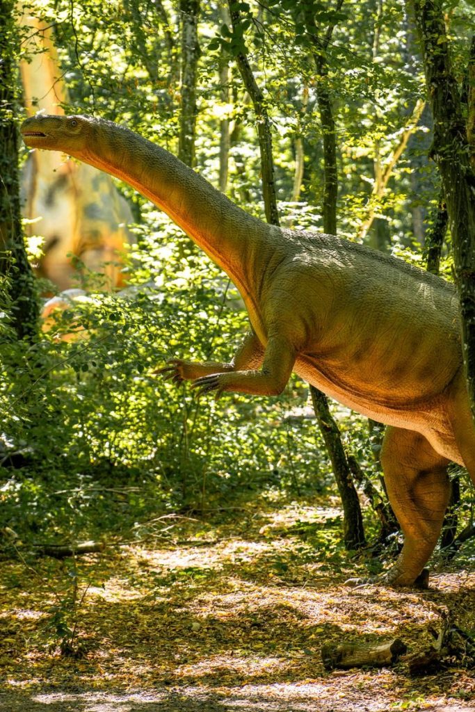 A realistic dinosaur statue amidst a lush green forest creates an ancient prehistory vibe.