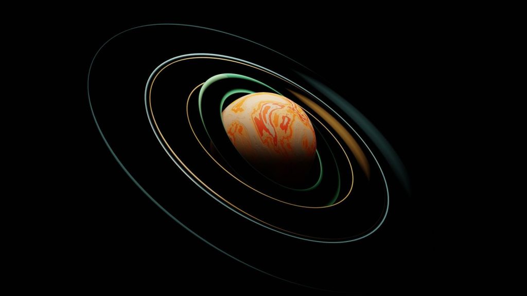 A vibrant abstract planet surrounded by intricate orbits in space.