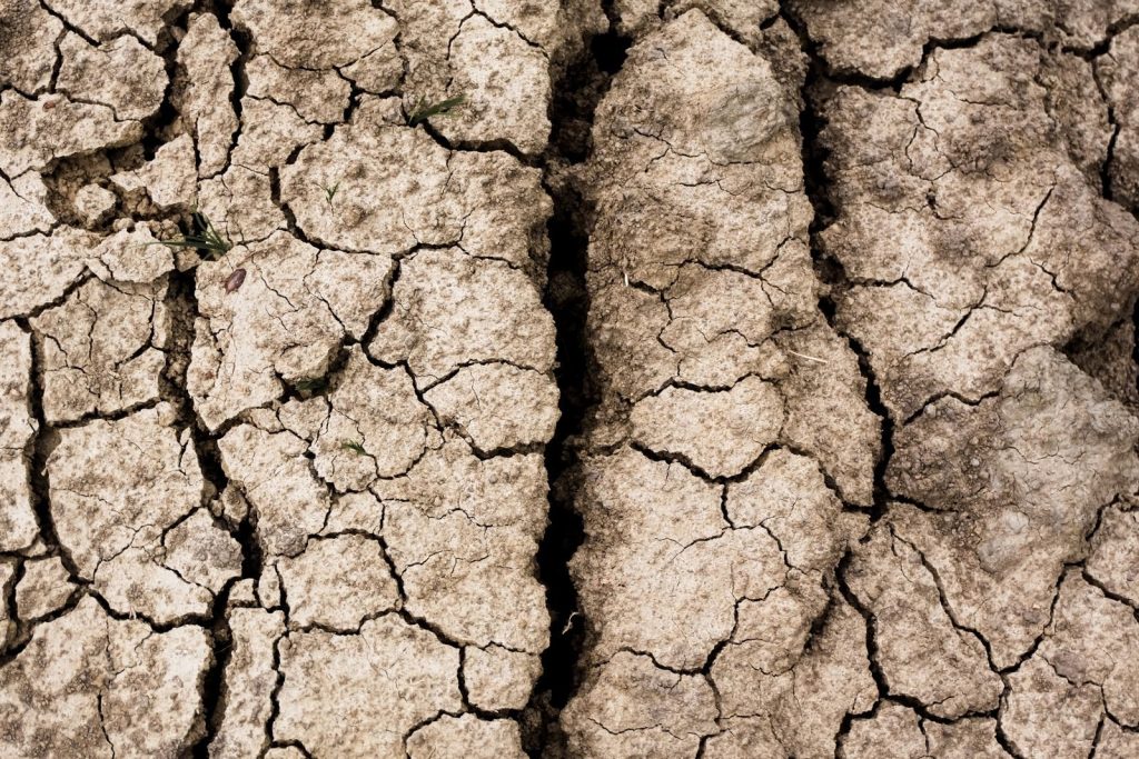 A close-up of cracked, dry soil illustrating severe drought conditions in Chitrashali, India.
