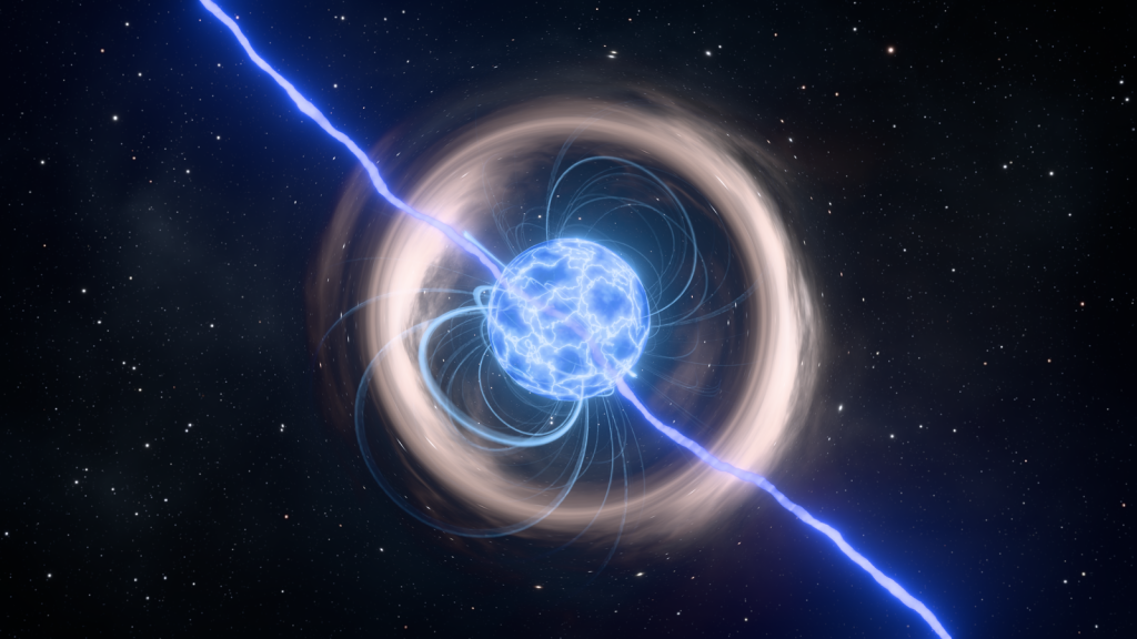 Artistic depiction of a neutron star with intense magnetic field in space.