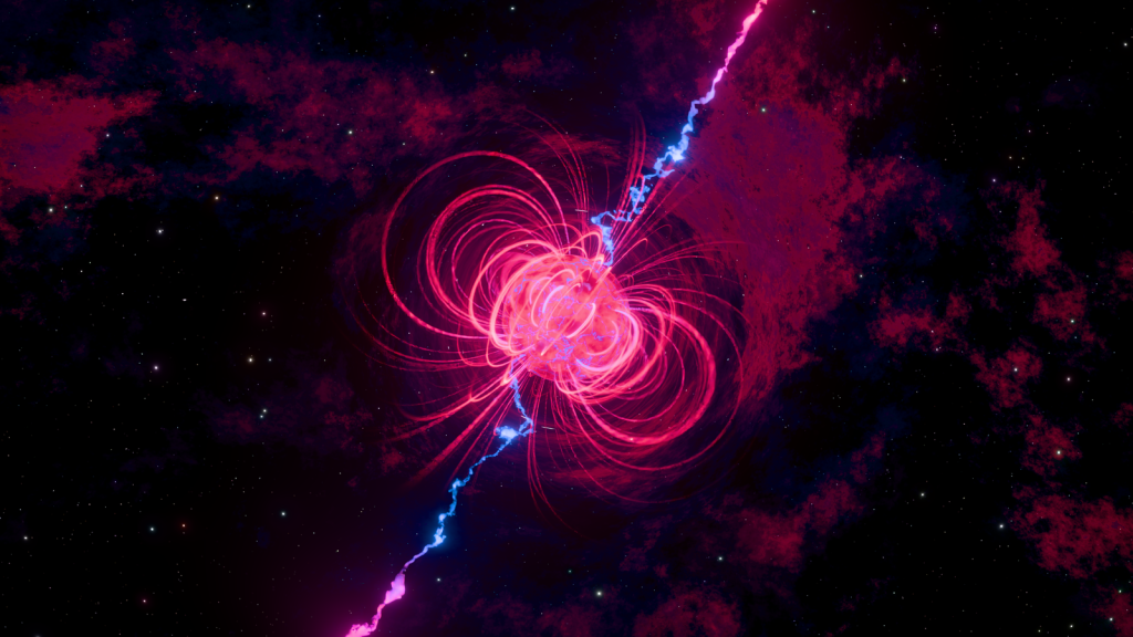 Bright, colorful depiction of a magnetic field with cosmic elements and abstract design.