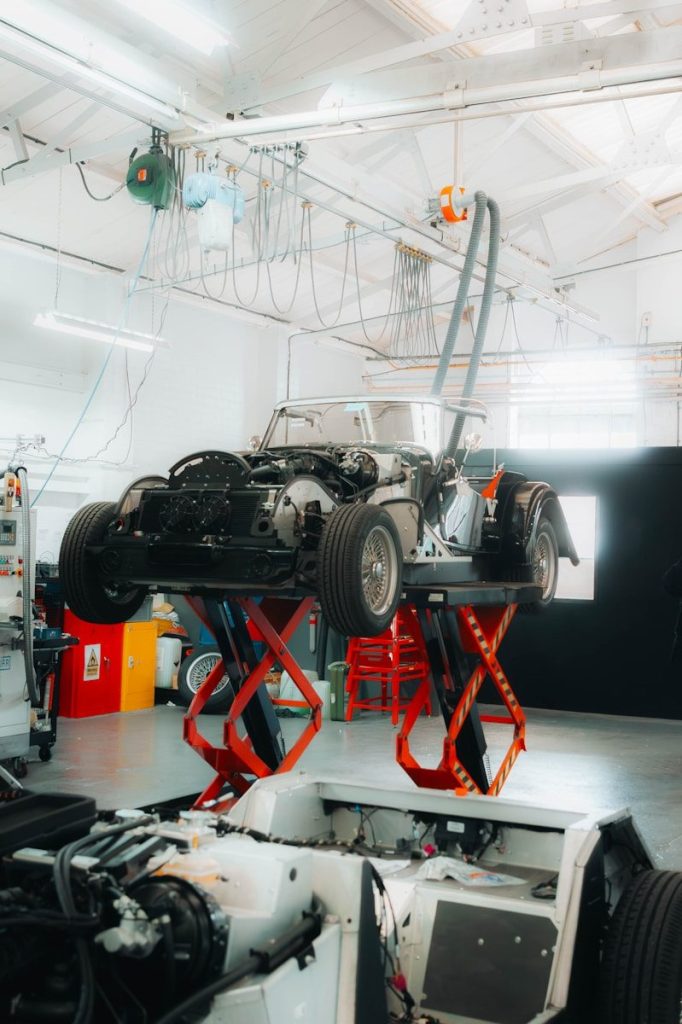a car being worked on in a garage