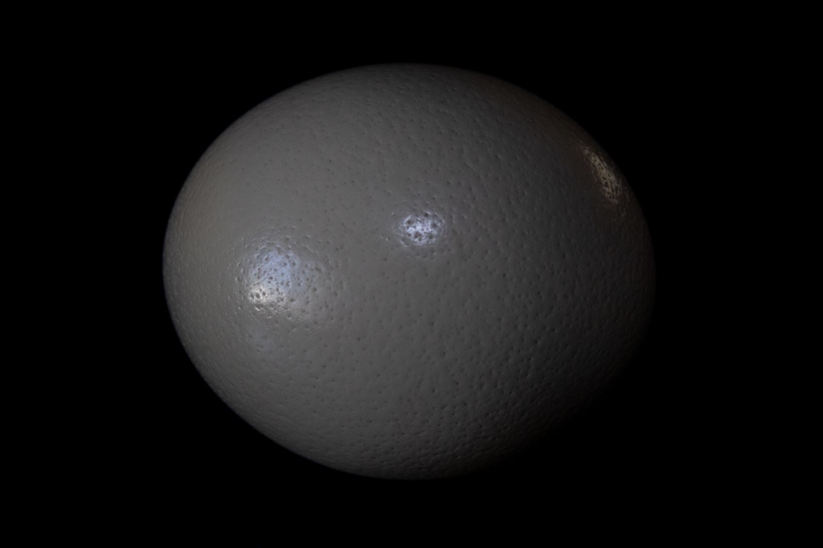 Textured ostrich egg against a dark backdrop, highlighting its natural roughness.