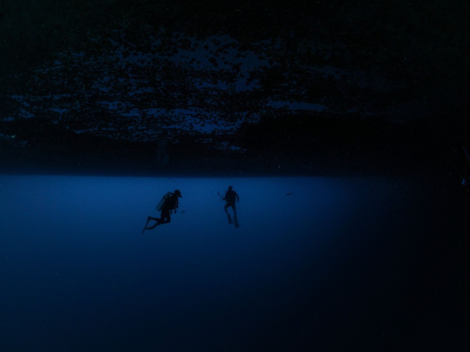 Two scuba divers exploring deep underwater with dramatic silhouettes, evoking mystery and adventure.