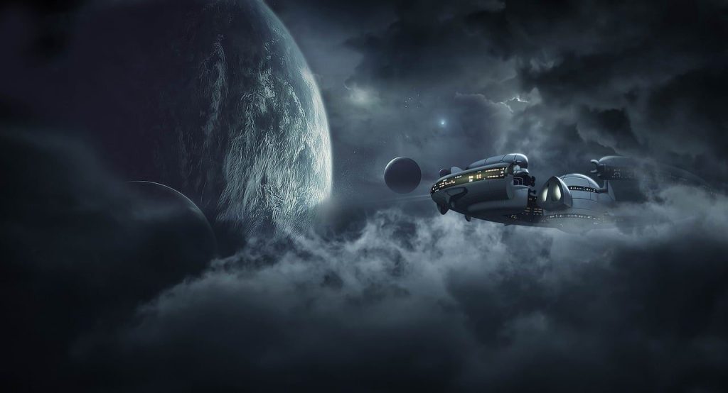 spaceship, space, fantasy, spacecraft, outer space, galaxy, universe, planet, cosmos, celestial bodies, clouds, nature, dark clouds