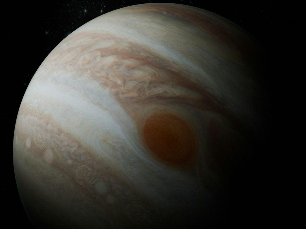 Jupiter with its great red spot visible