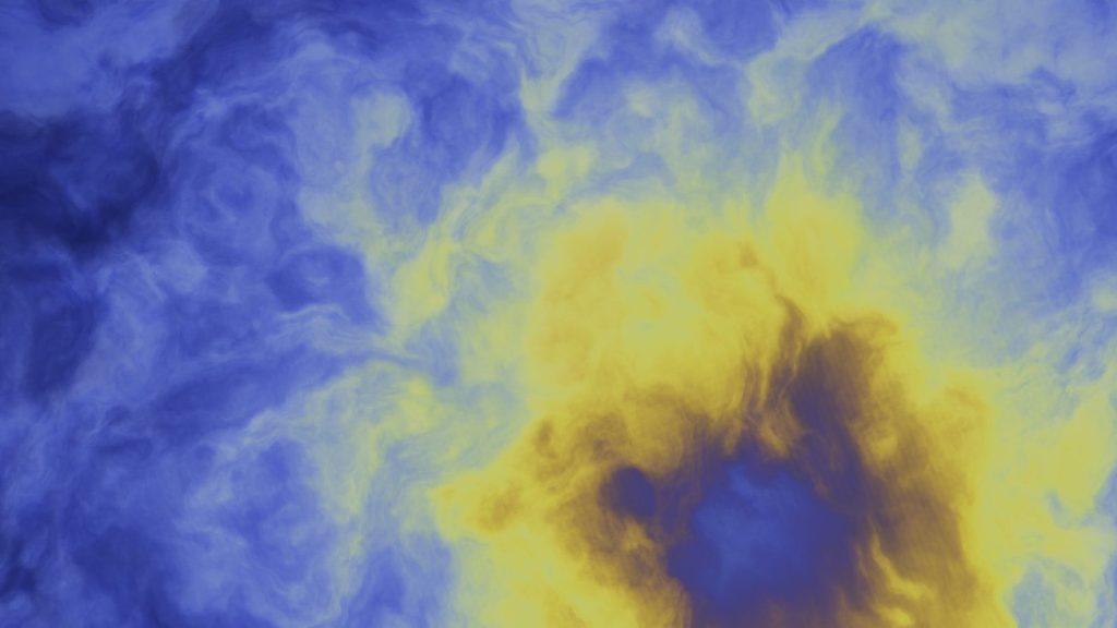 Abstract swirling blue and yellow smoke clouds