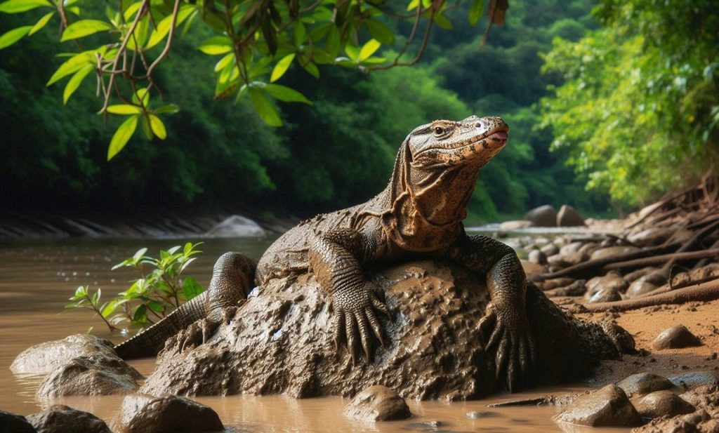 lizard, reptile, animal, komodo dragon, river, jungle, nature, mud, clay, predator